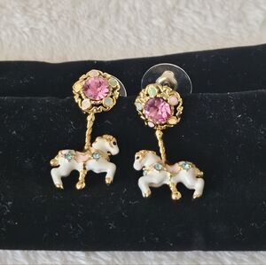 Les Nereides Stud Dangle Earrings White Horse Carousel Jewel Tone Gold